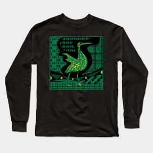 egret bird in talavera nest in mexican pattern art ecopop in dark green Long Sleeve T-Shirt